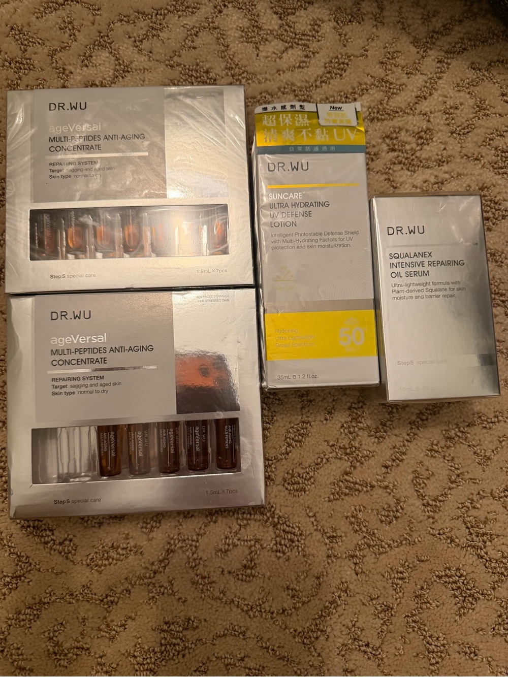 DR.WU AgeVersal Peptide Serum, Squalanex Repair Oil, Hydrating SPF50 Sunscreen